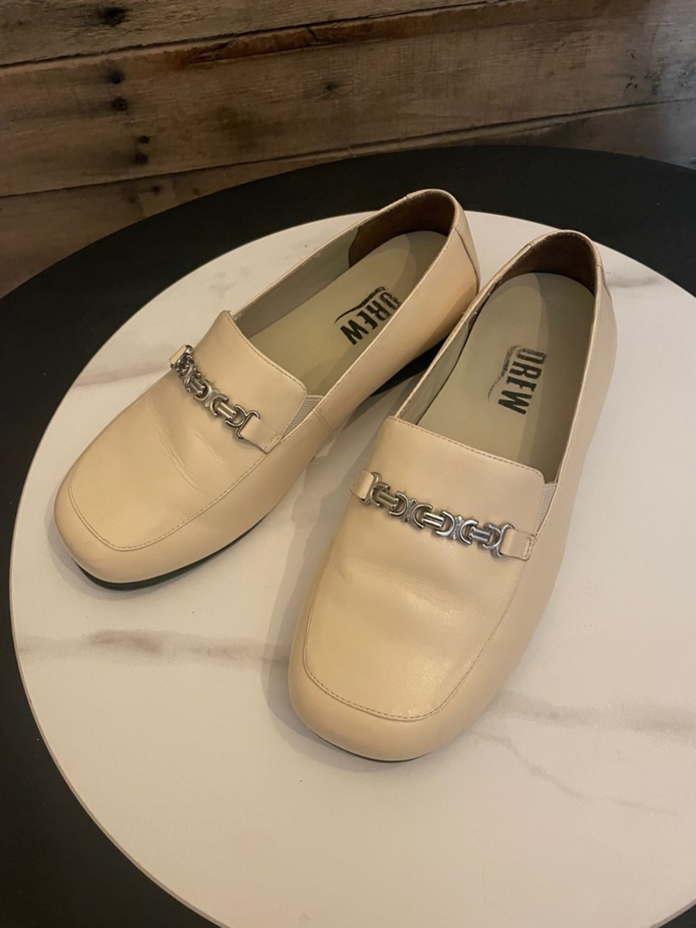 DREW Cream Leather Chain-Trim Loafers